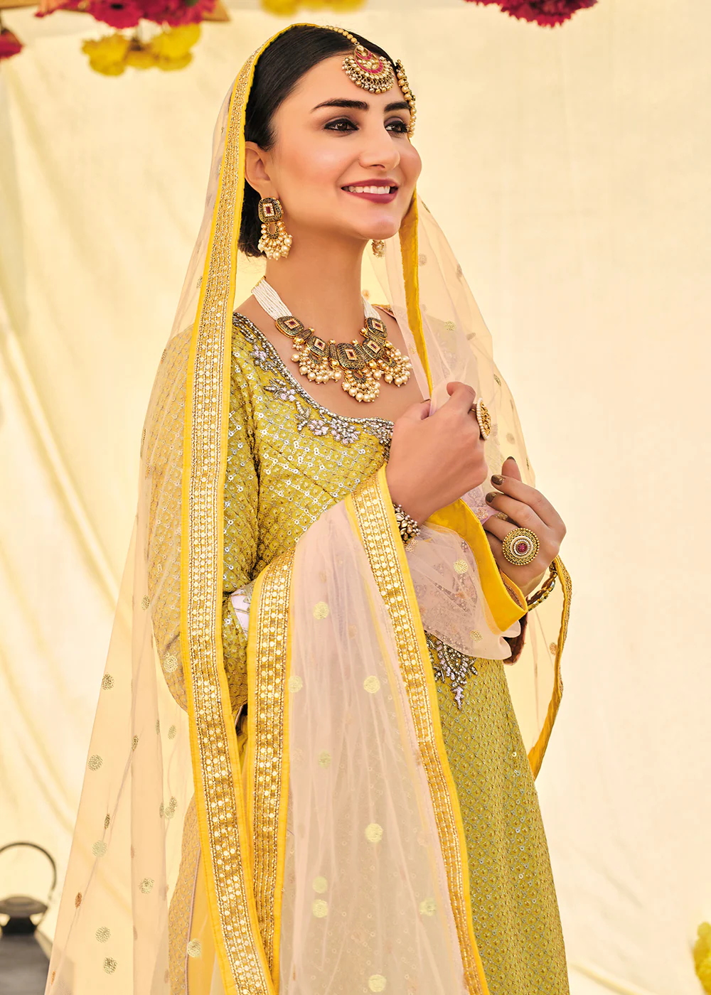 Mustard Zari & Mirror Embroidered Festive Sharara Suit - Image 2