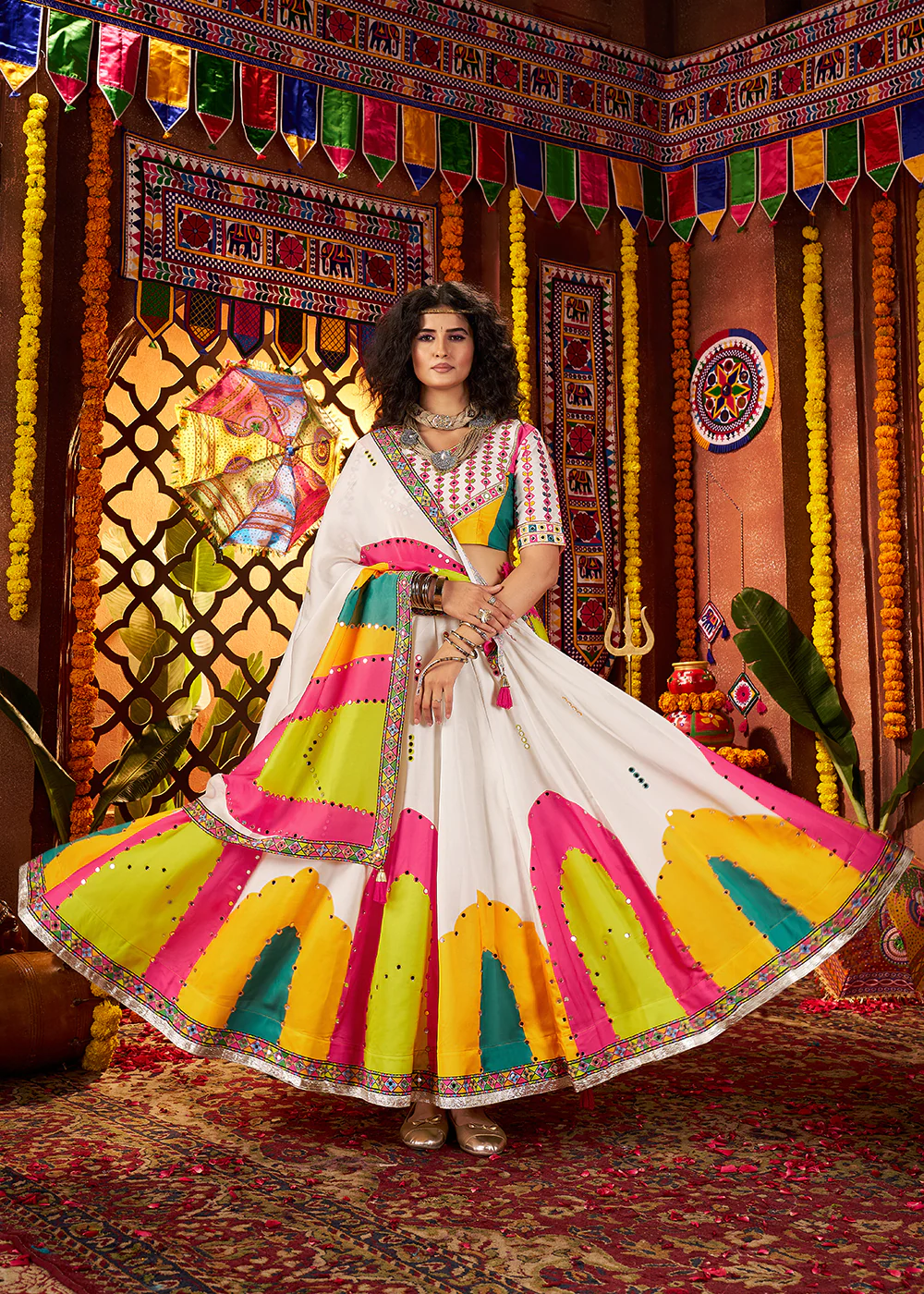 Muti Thread & Mirror White Chaniya Choli for Navratri - Image 3