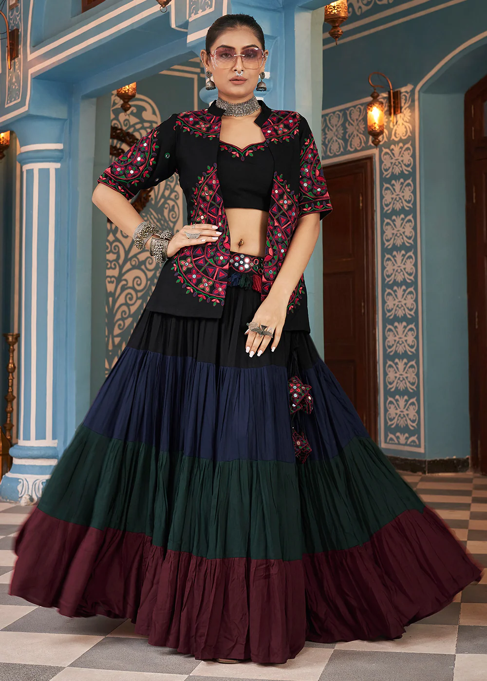 Navratri Special Multicolor Black Jacket Style Chaniya Choli - Image 4