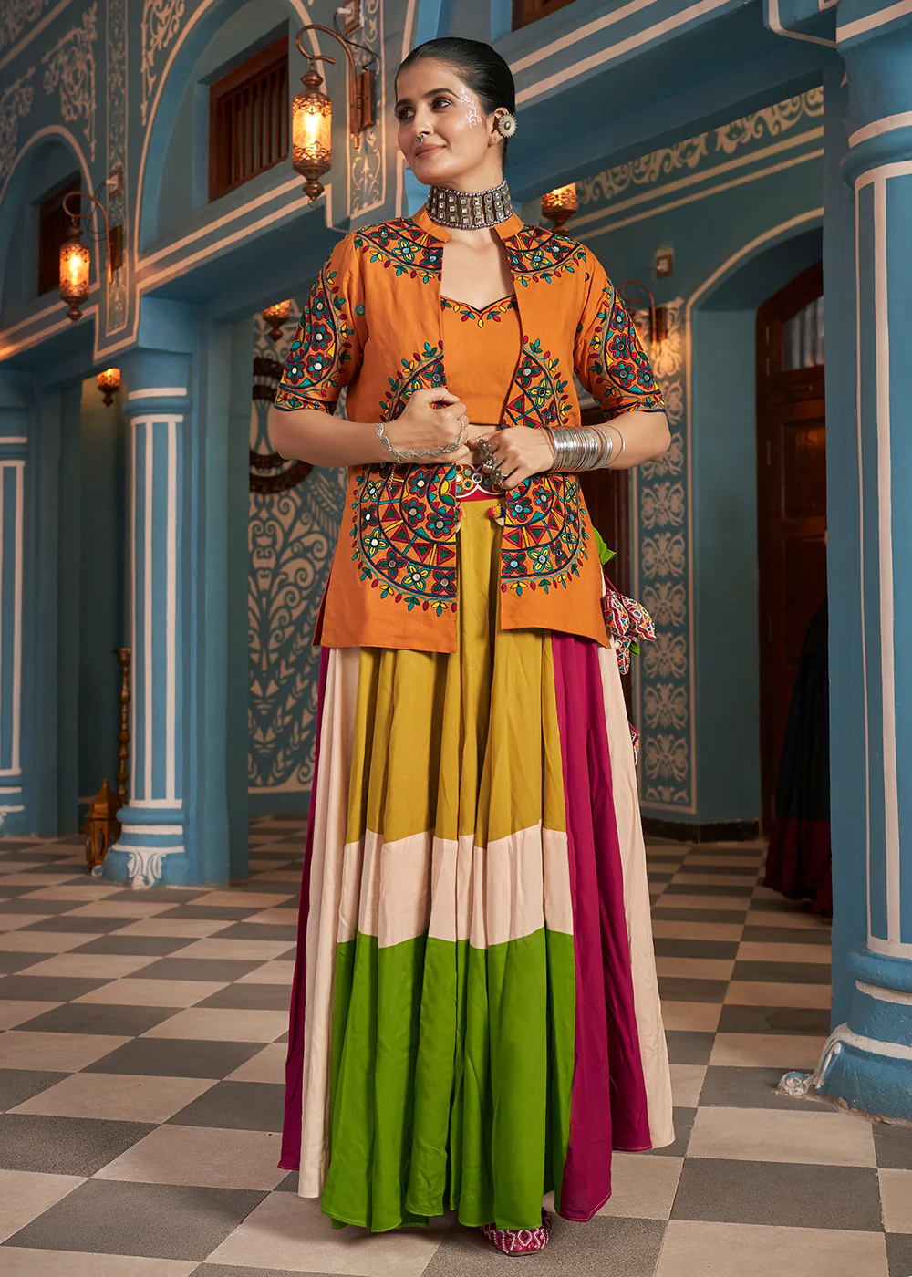 Navratri Special Multicolor Yellow Jacket Style Chaniya Choli - Image 5