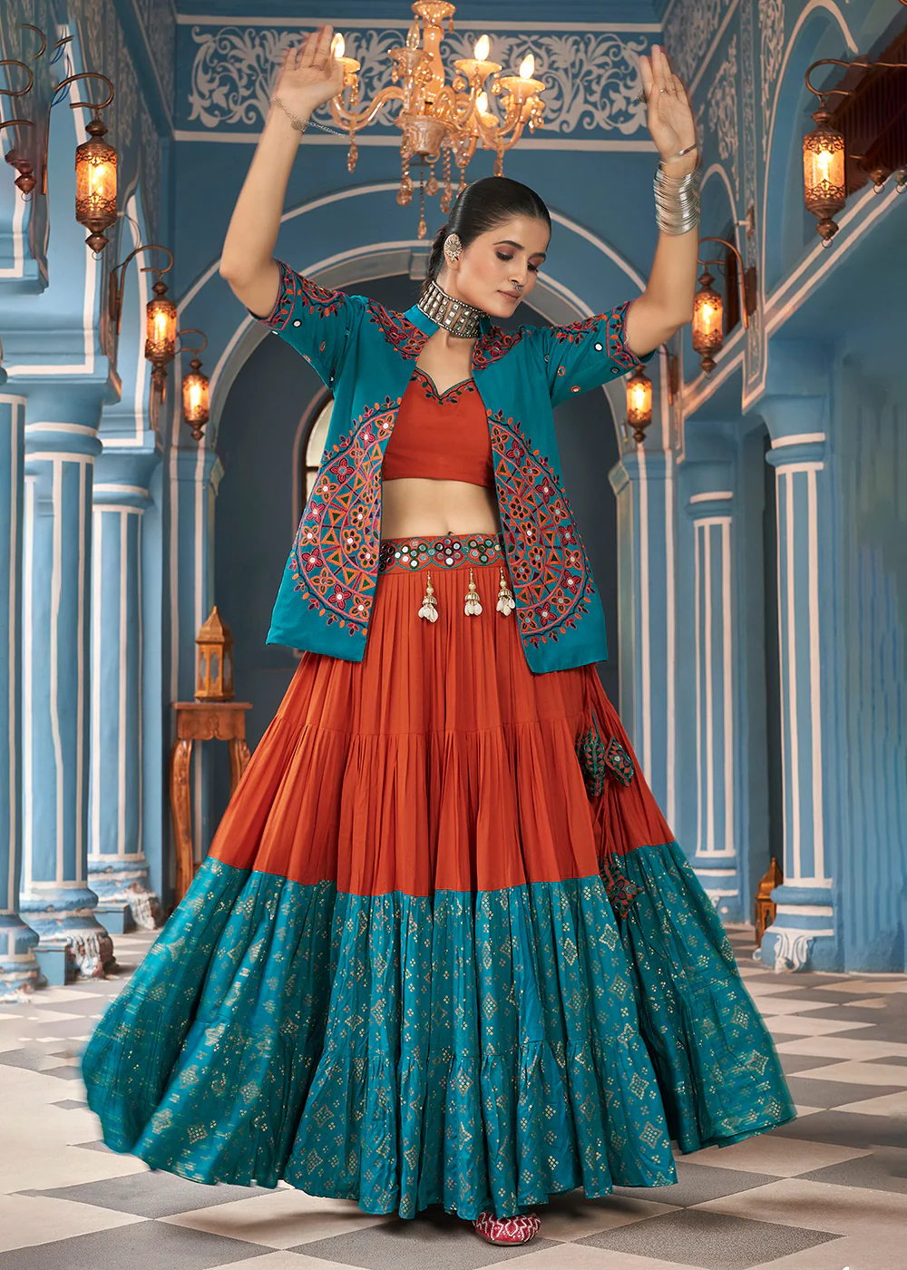 Navratri Special Orange & Rama Jacket Style Chaniya Choli