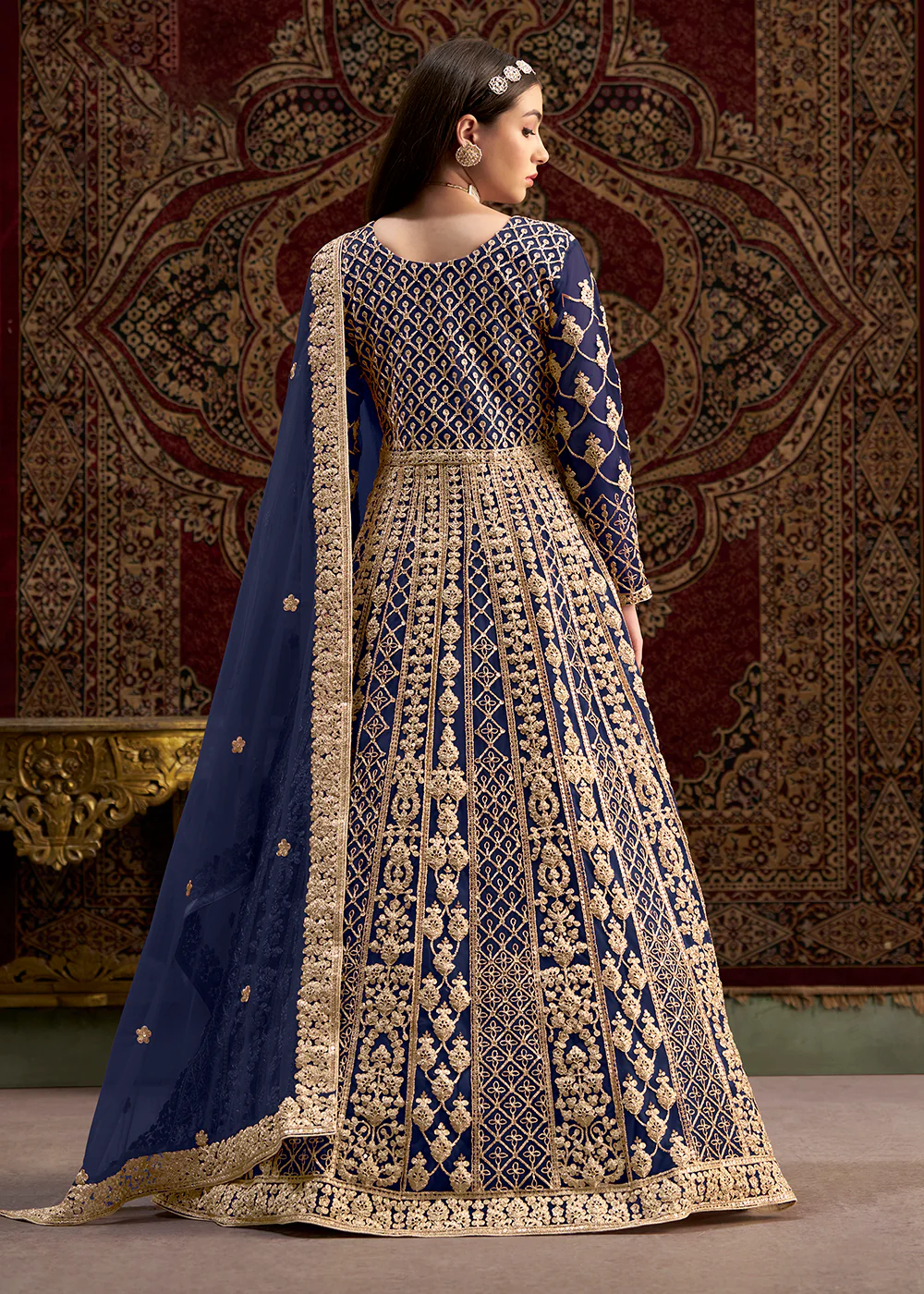 Navy All Over Embroidered Net Wedding Anarkali Gown - Image 3
