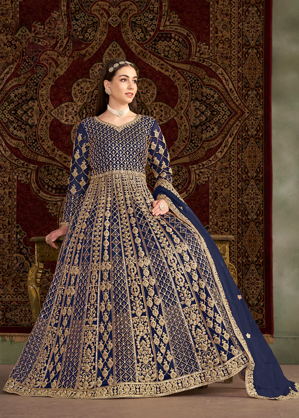 Navy All Over Embroidered Net Wedding Anarkali Gown - Image 4