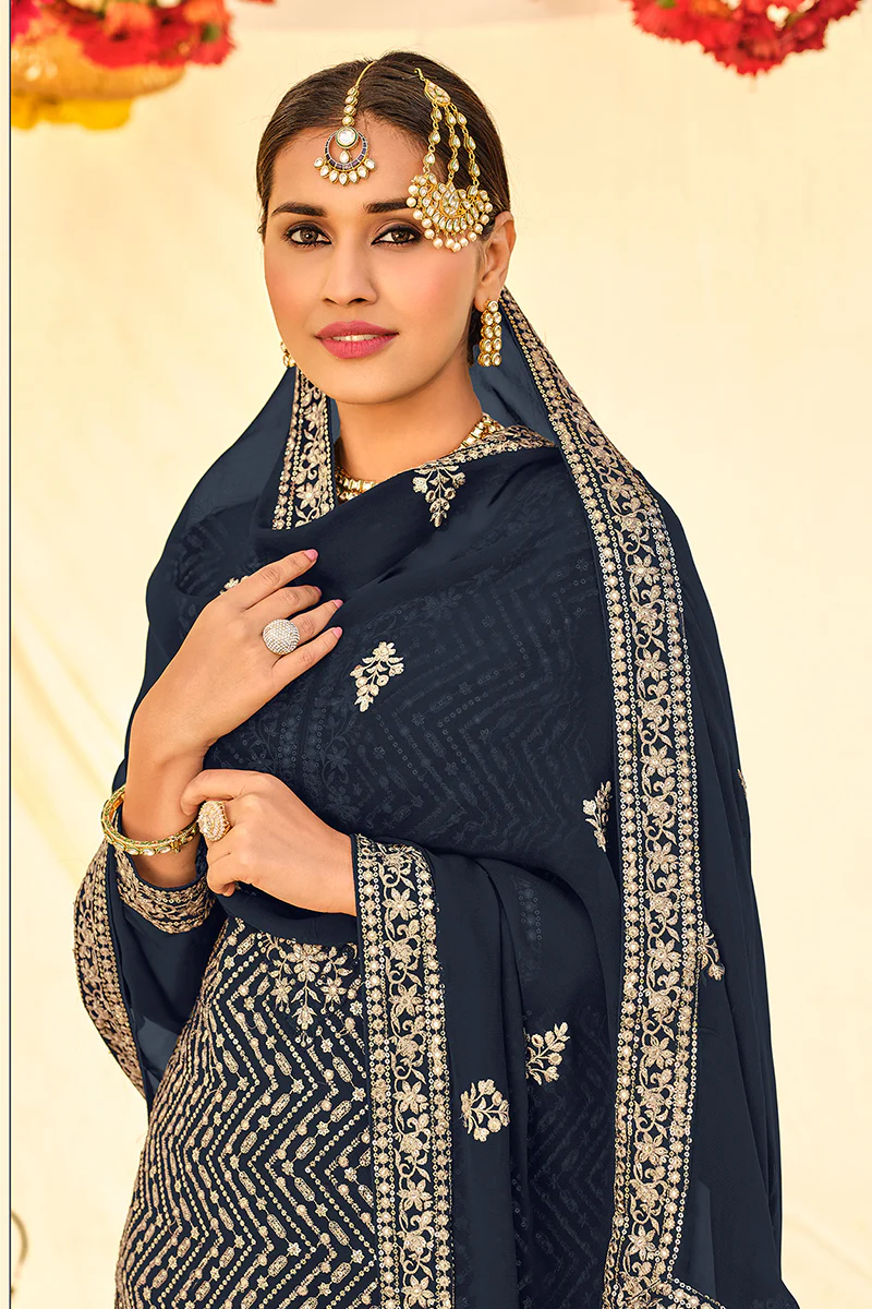 Navy Blue All Over Embroidered Palazzo Style Suit - Image 3
