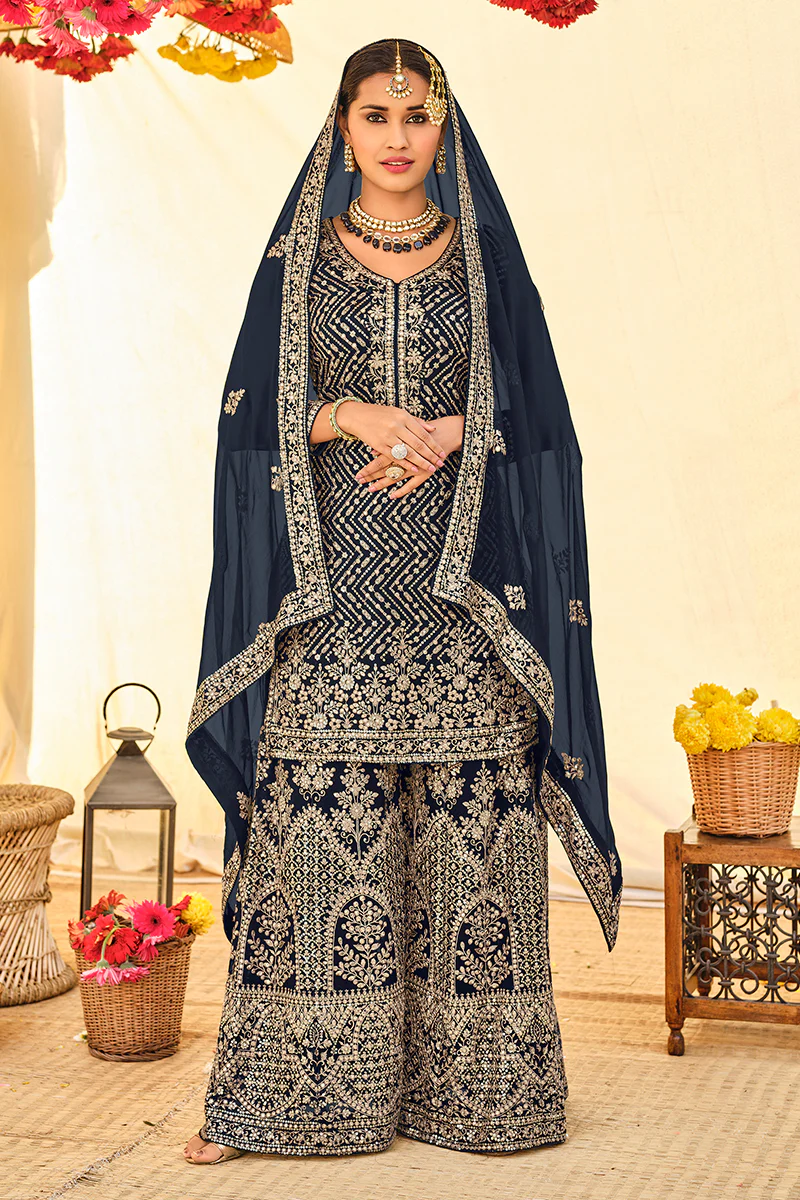 Navy Blue All Over Embroidered Palazzo Style Suit - Image 4