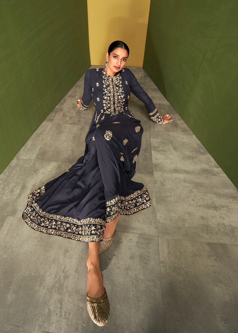 Navy Blue Anarkali Style Designer Palazzo Salwar Suit - Image 3