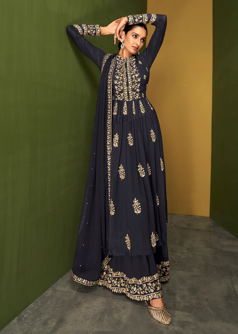 Navy Blue Anarkali Style Designer Palazzo Salwar Suit - Image 4