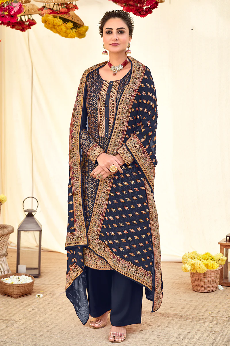 Navy Blue Blooming Georgette Pakistani Style Salwar Suit
