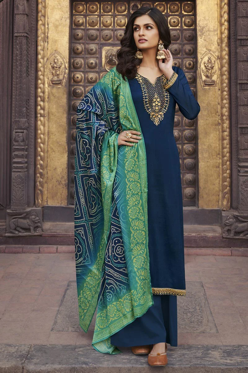 Navy Blue Chiffon Embroidered Festive Palazzo Suit