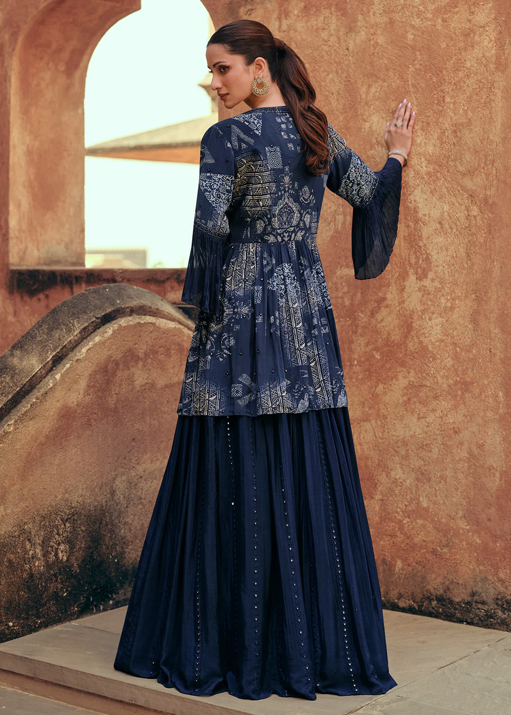 Navy Blue Chinnon Silk Jacket Style Designer Bridesmaid Lehenga - Image 3