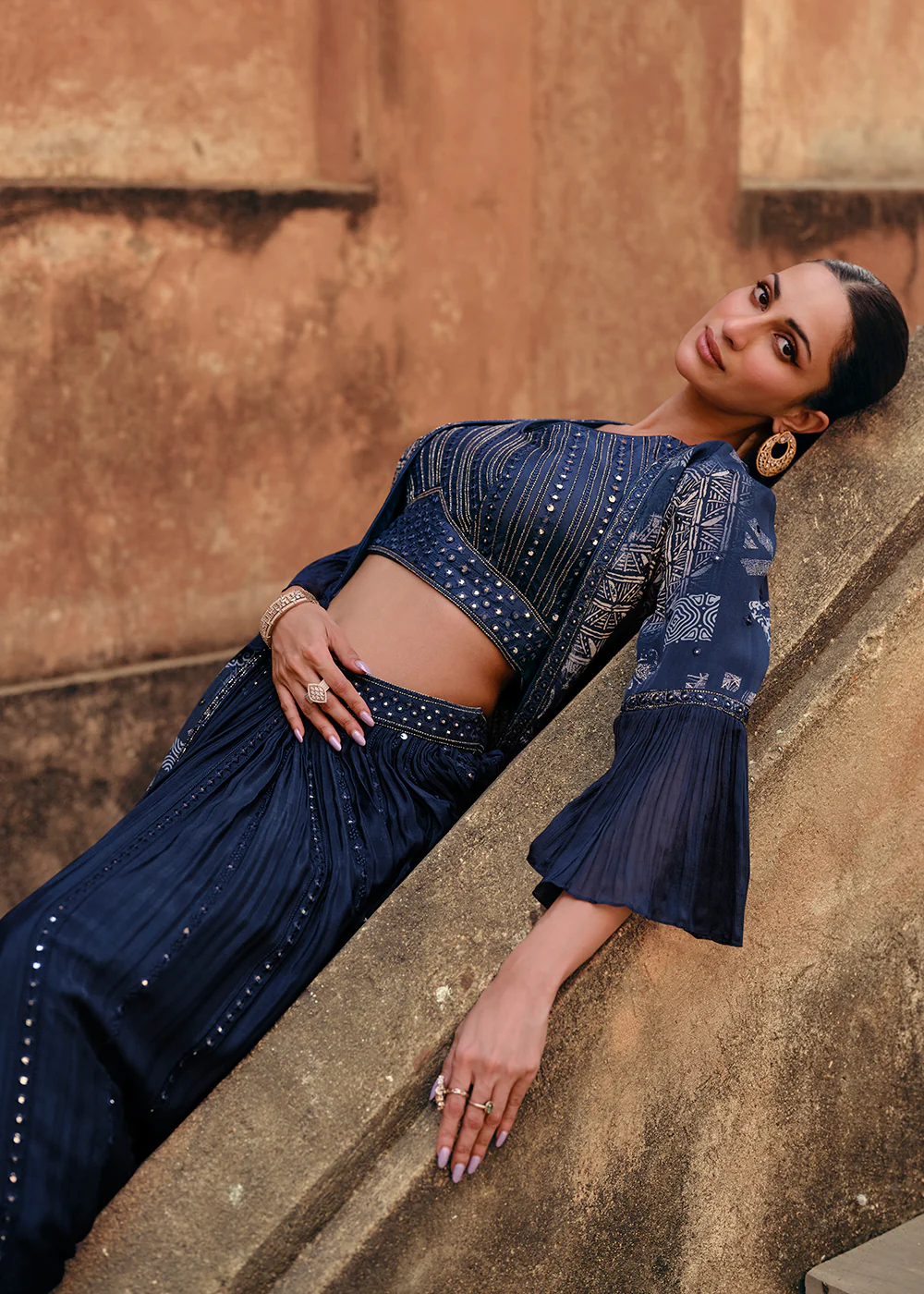 Navy Blue Chinnon Silk Jacket Style Designer Bridesmaid Lehenga - Image 4