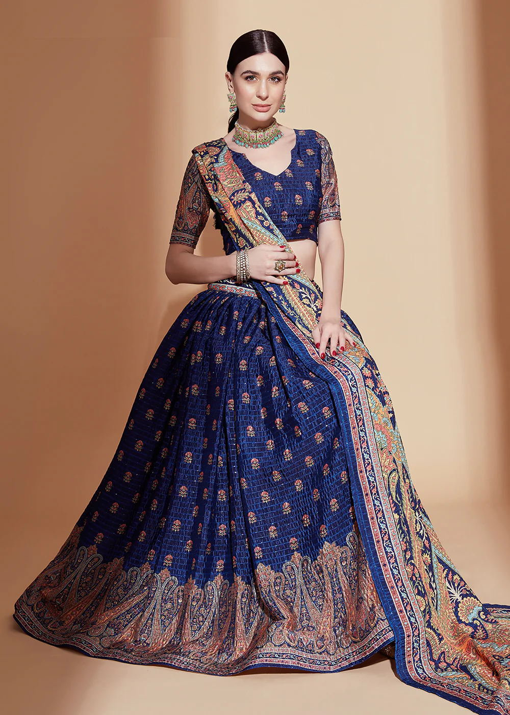 Navy Blue Crochet & Digital Embroidered Festive Lehenga Choli - Image 4