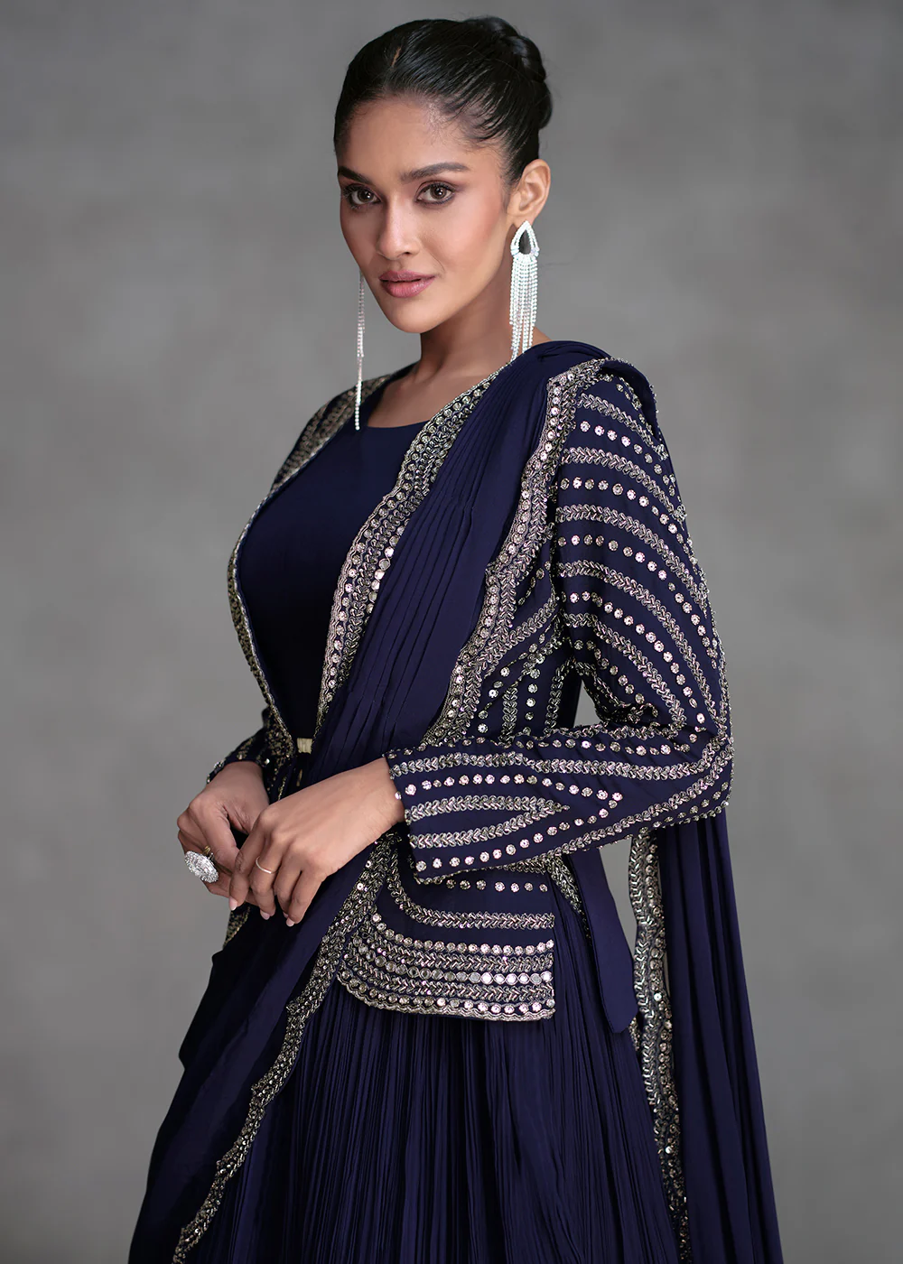 Navy Blue Crop Top Style Designer Indo Western Lehenga - Image 2