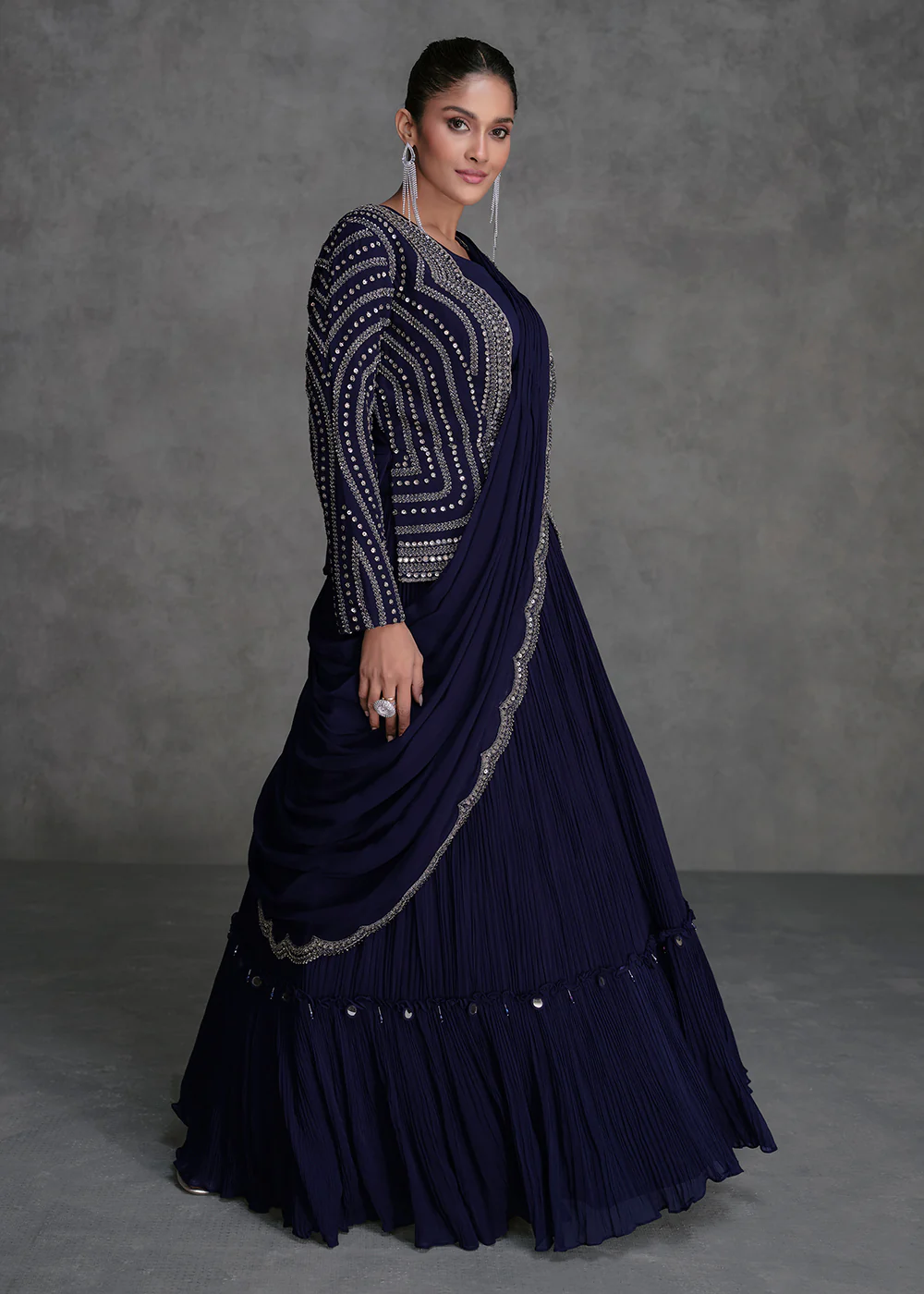 Navy Blue Crop Top Style Designer Indo Western Lehenga - Image 3