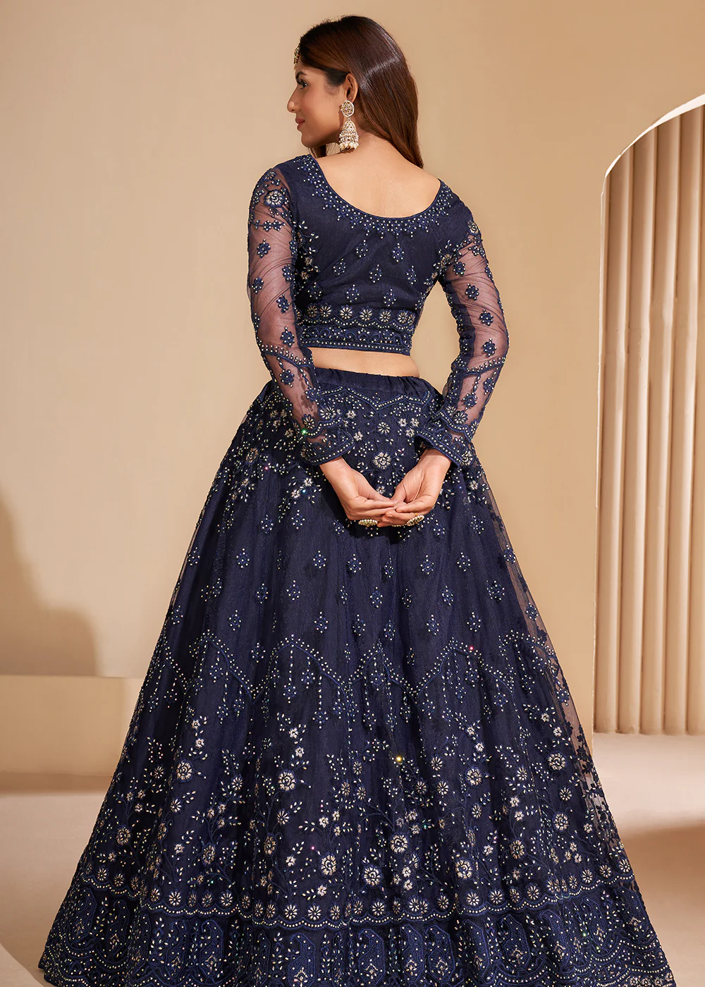 Navy Blue Designer Bridesmaids Wedding Lehenga Choli - Image 4