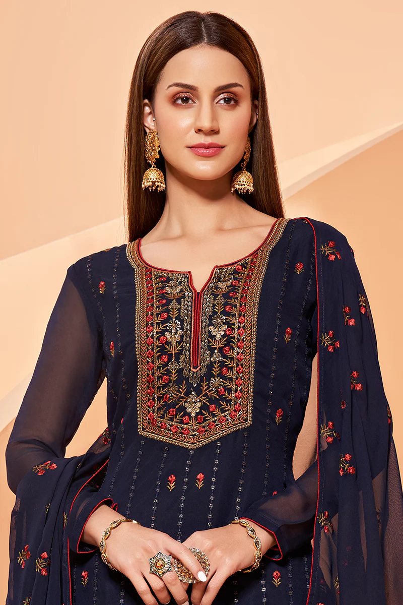 Navy Blue Designer Pakistani Style Sequins Sharara Suit - Image 2