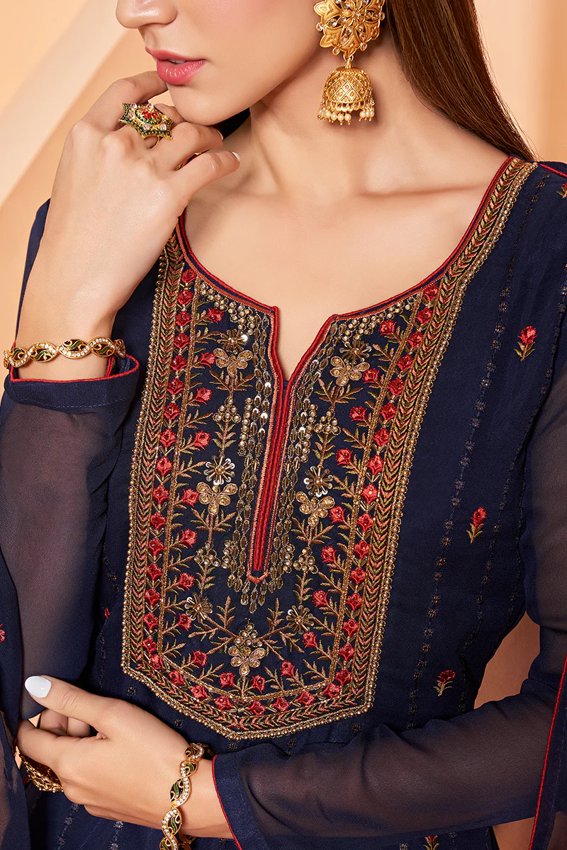 Navy Blue Designer Pakistani Style Sequins Sharara Suit - Image 3