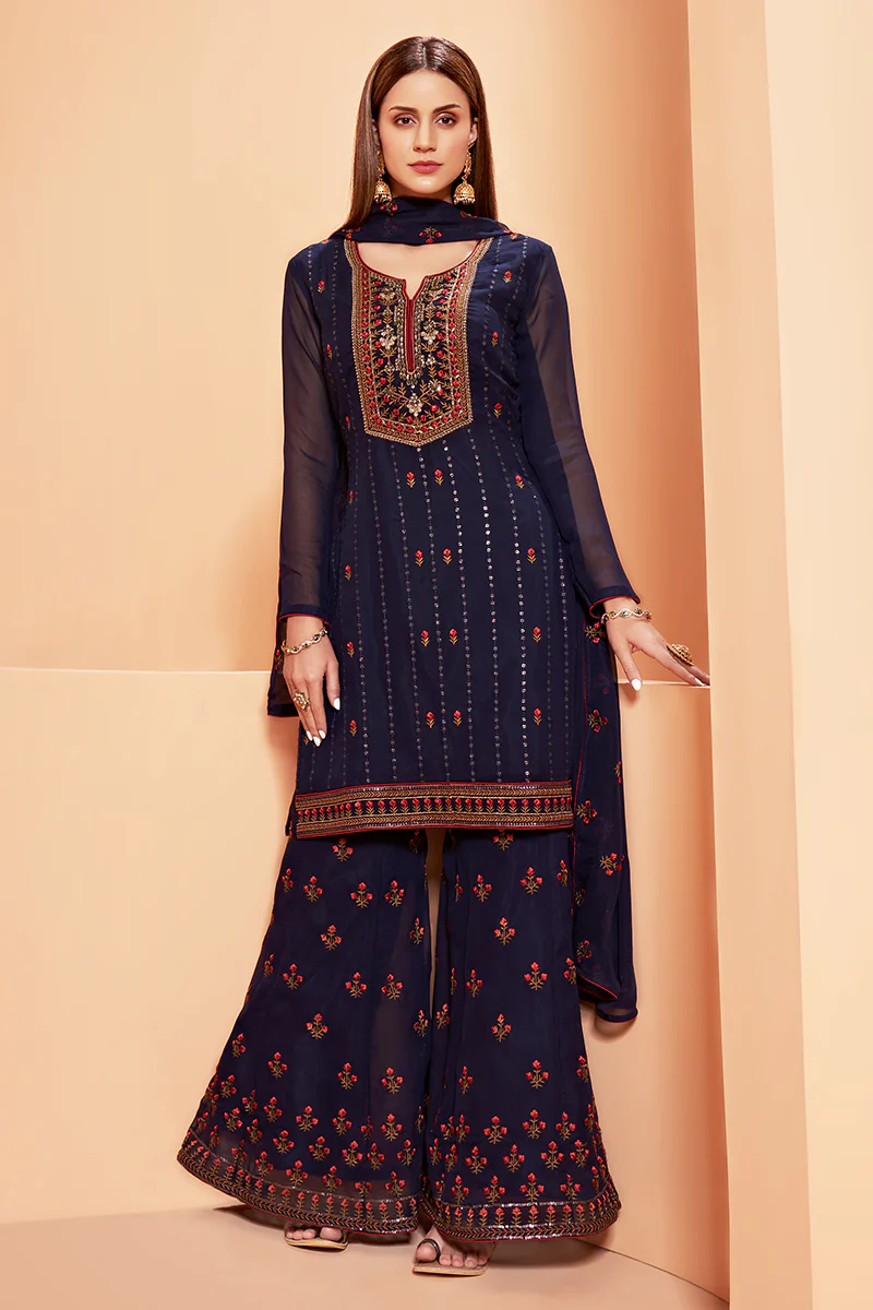 Navy Blue Designer Pakistani Style Sequins Sharara Suit - Image 4