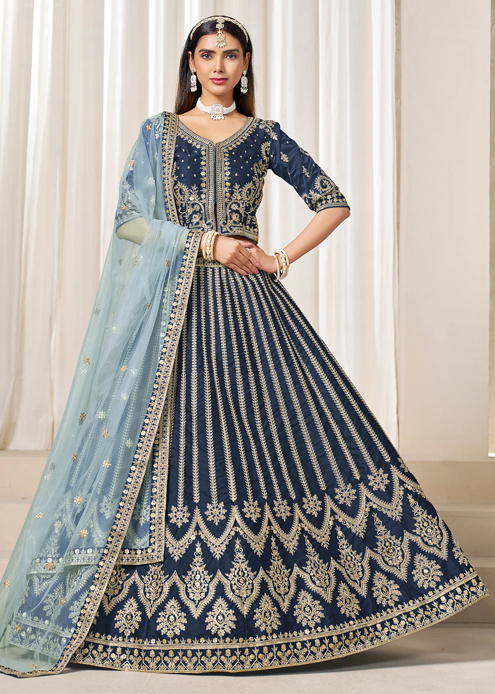 Navy Blue Embroidered Art Silk Wedding Lehenga Choli