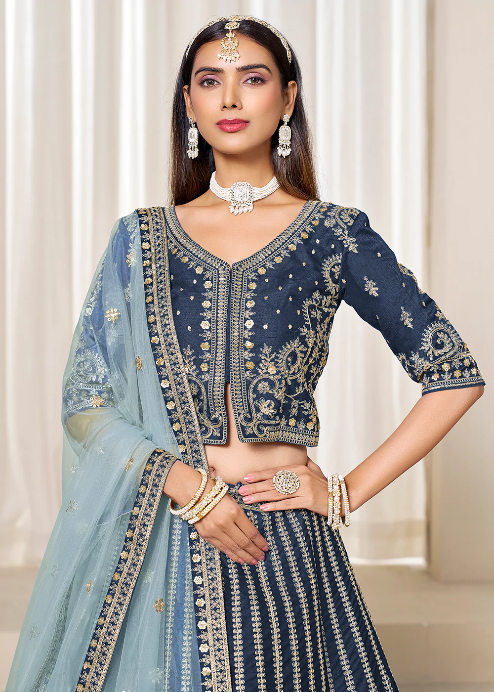 Navy Blue Embroidered Art Silk Wedding Lehenga Choli - Image 2