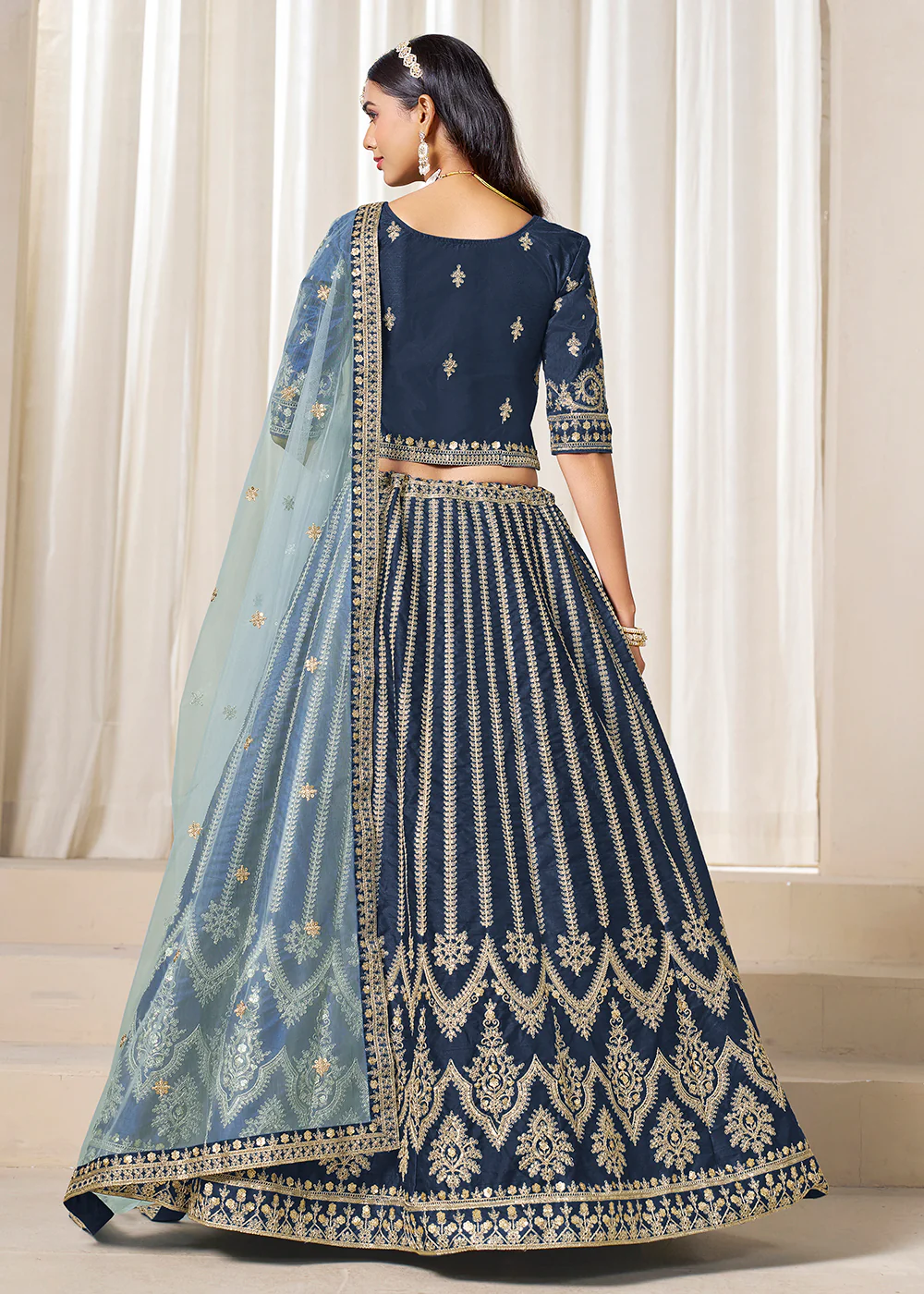 Navy Blue Embroidered Art Silk Wedding Lehenga Choli - Image 3