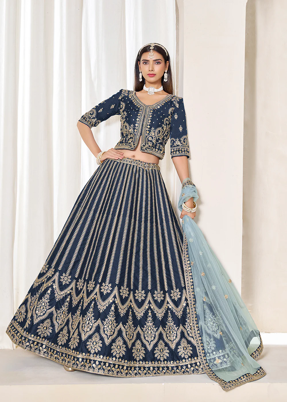 Navy Blue Embroidered Art Silk Wedding Lehenga Choli - Image 4