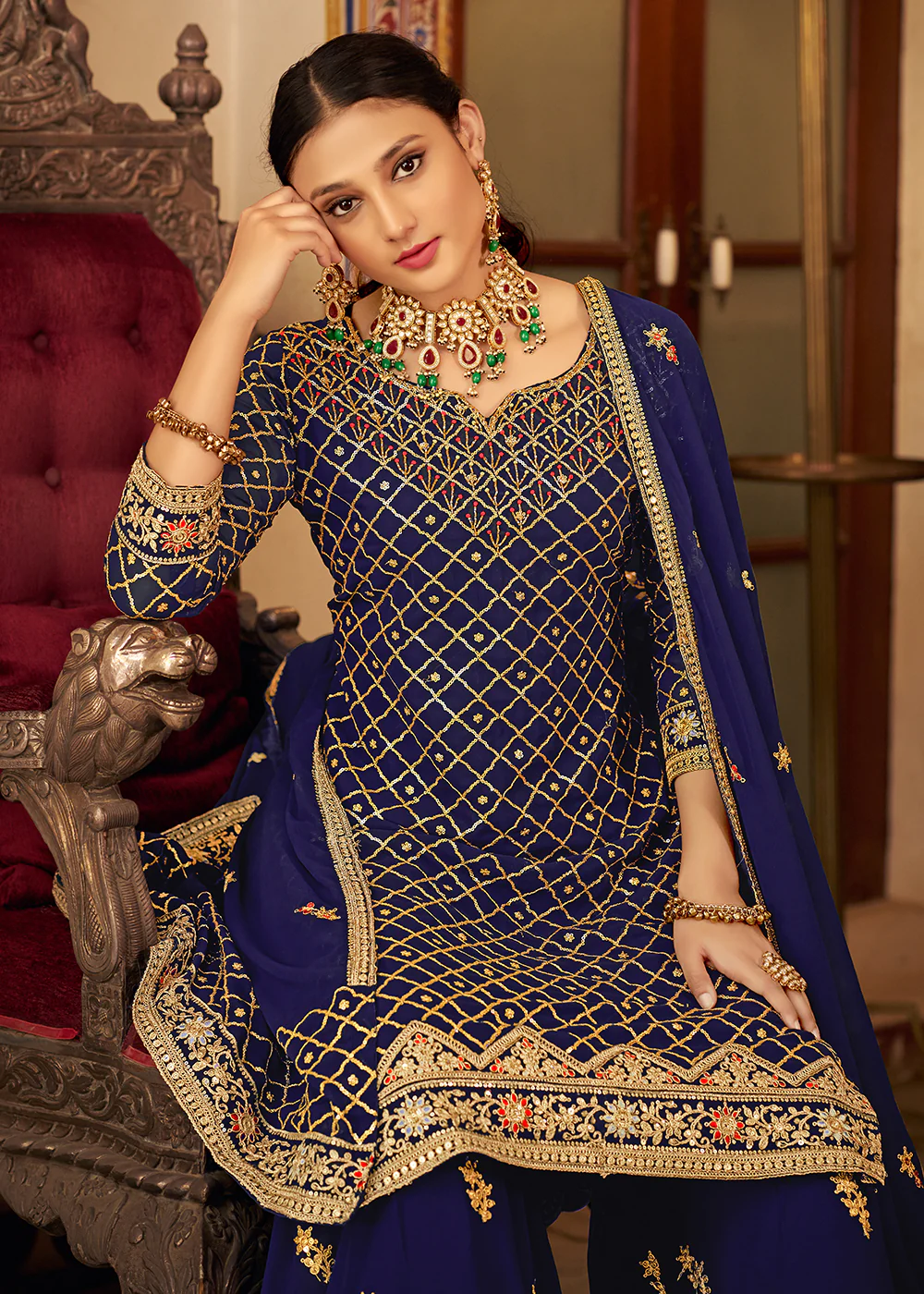 Navy Blue Embroidered Designer Festive Palazzo Suit - Image 2