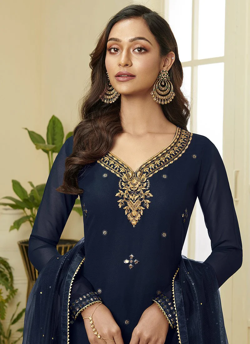 Navy Blue Embroidered Faux Georgette Gota Work Sharara Suit - Image 2