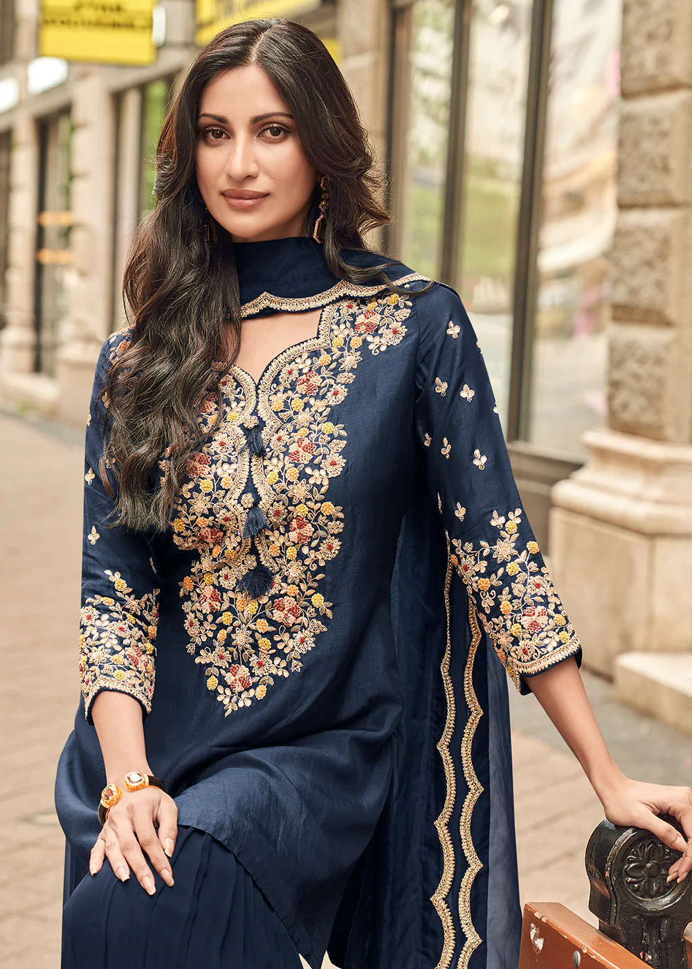 Navy Blue Embroidered Festive Gharara Style Suit - Image 2