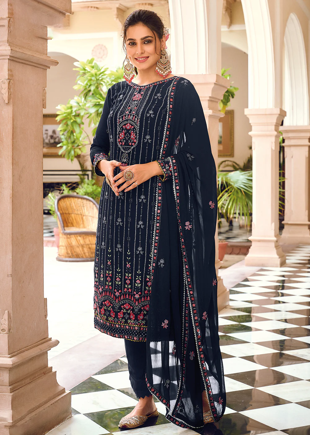 Navy Blue Embroidered Georgette Ceremonial Salwar Kameez