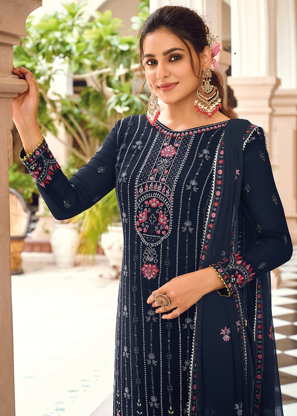 Navy Blue Embroidered Georgette Ceremonial Salwar Kameez - Image 2