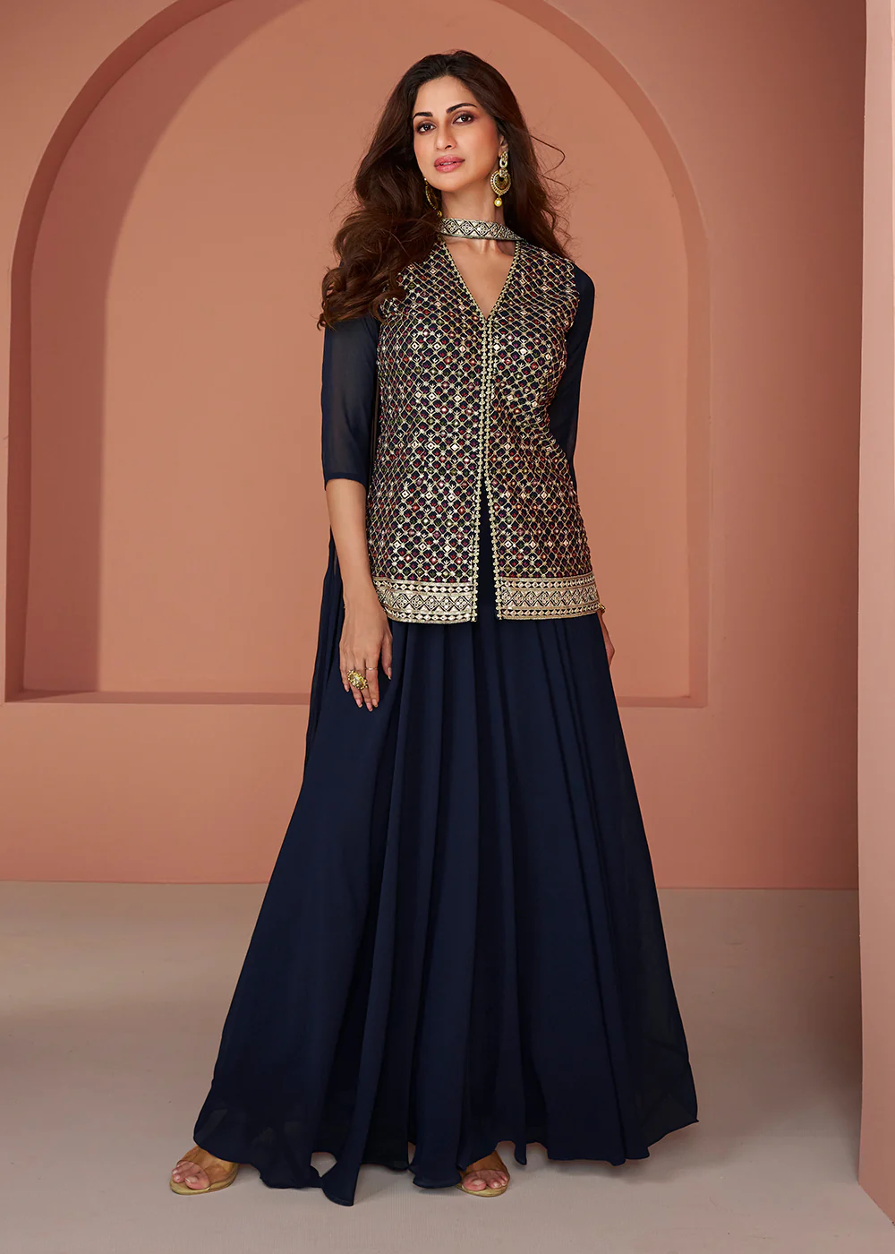 Navy Blue Embroidered Georgette Indo Wester Palazzo Suit - Image 3