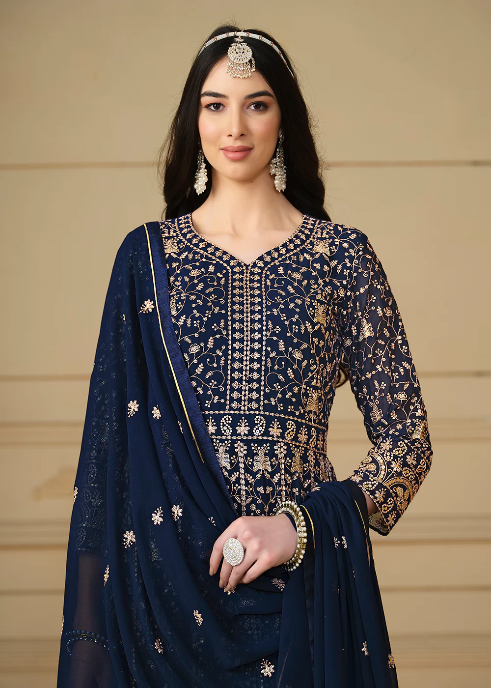 Navy Blue Embroidered Trendy Style Anarkali Suit - Image 2