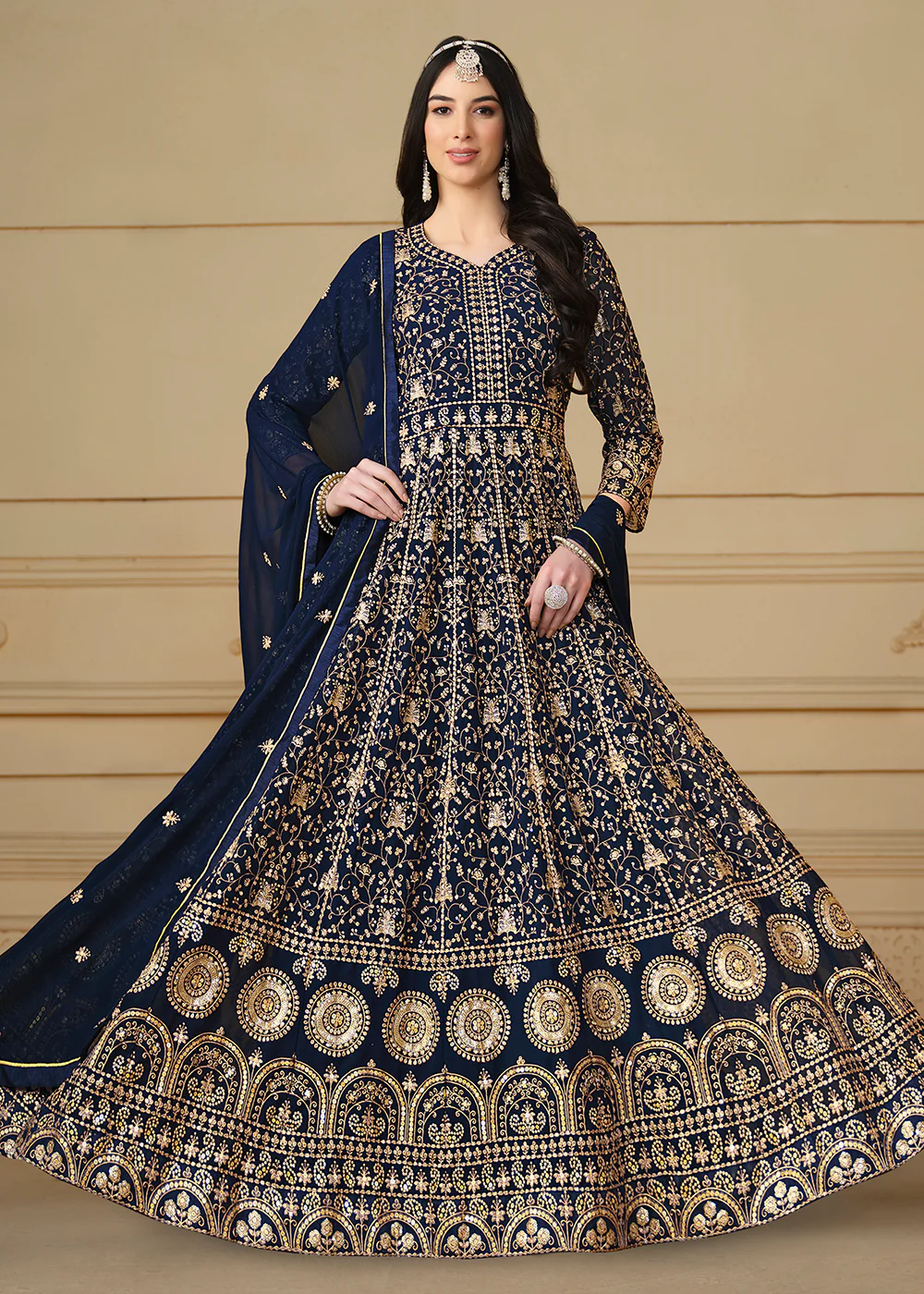 Navy Blue Embroidered Trendy Style Anarkali Suit - Image 3