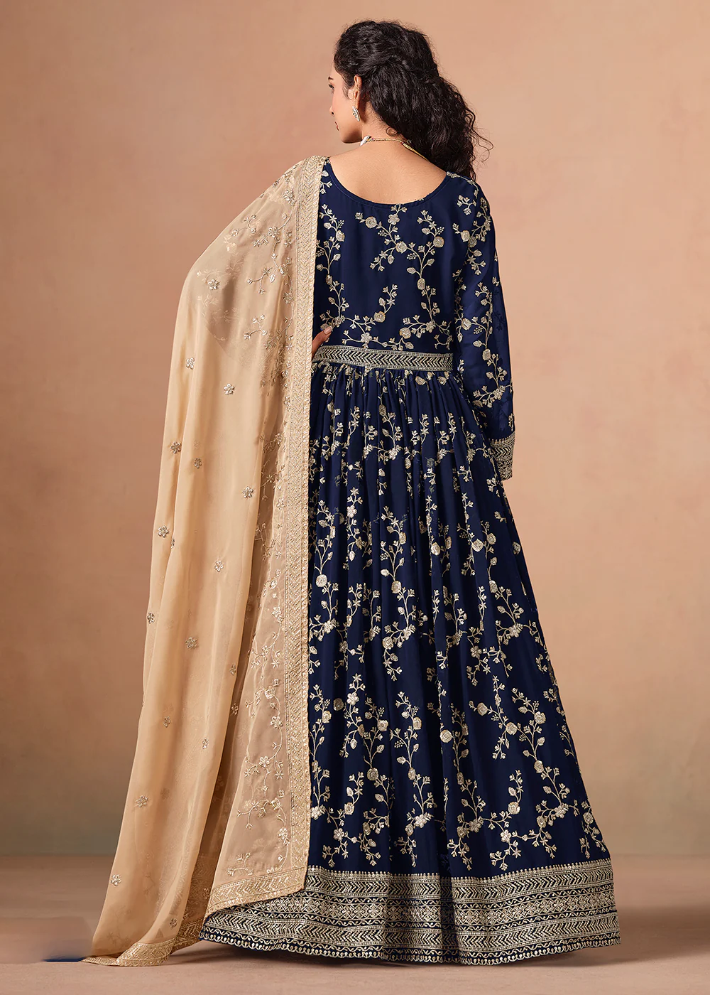 Navy Blue Embroidered Wedding Anarkali Style Gown - Image 3