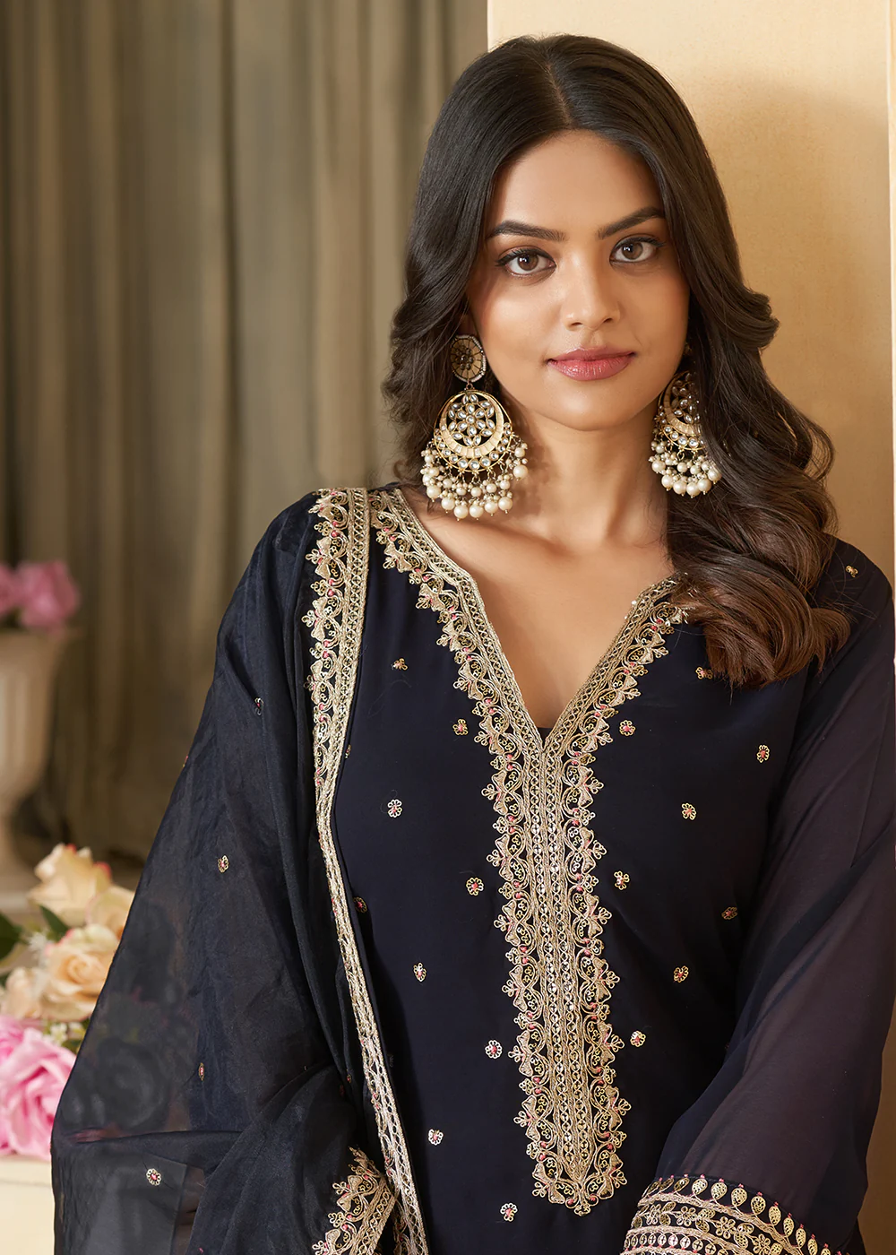 Navy Blue Faux Georgette Embroidered Wedding Sharara Suit - Image 2