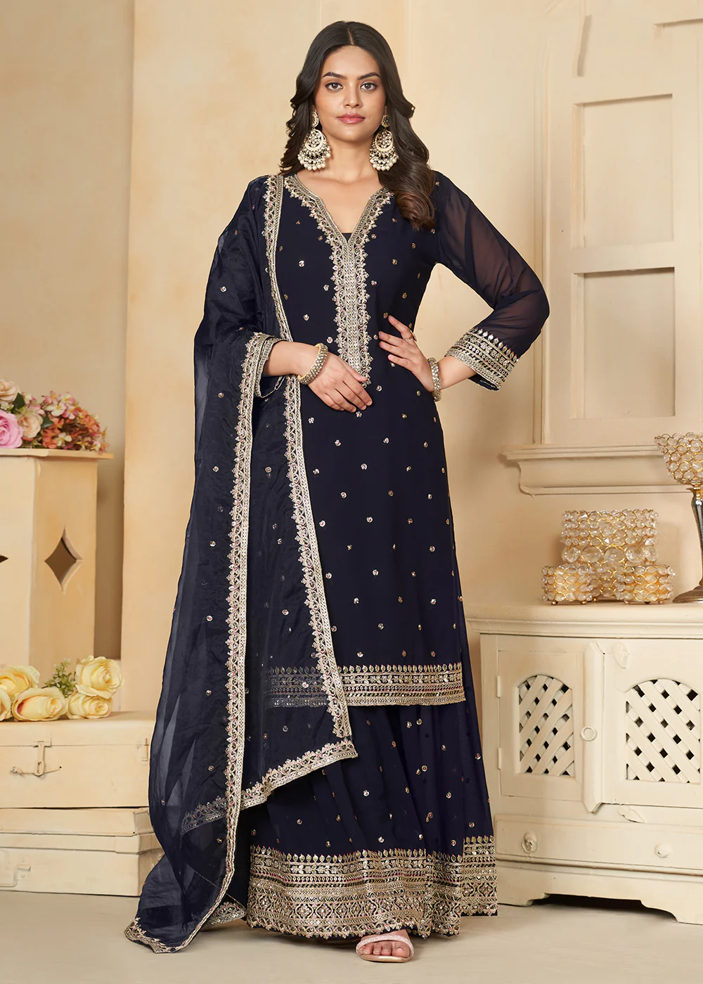 Navy Blue Faux Georgette Embroidered Wedding Sharara Suit - Image 4