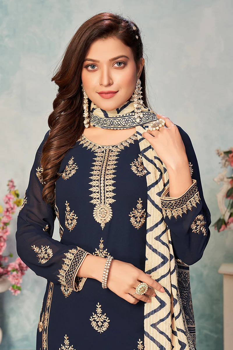 Navy Blue Festival Wear Embroidered Georgette Suit - Image 2