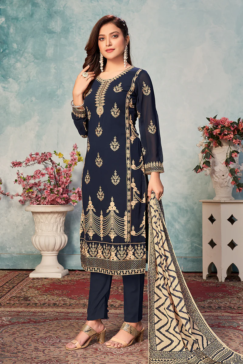 Navy Blue Festival Wear Embroidered Georgette Suit - Image 3
