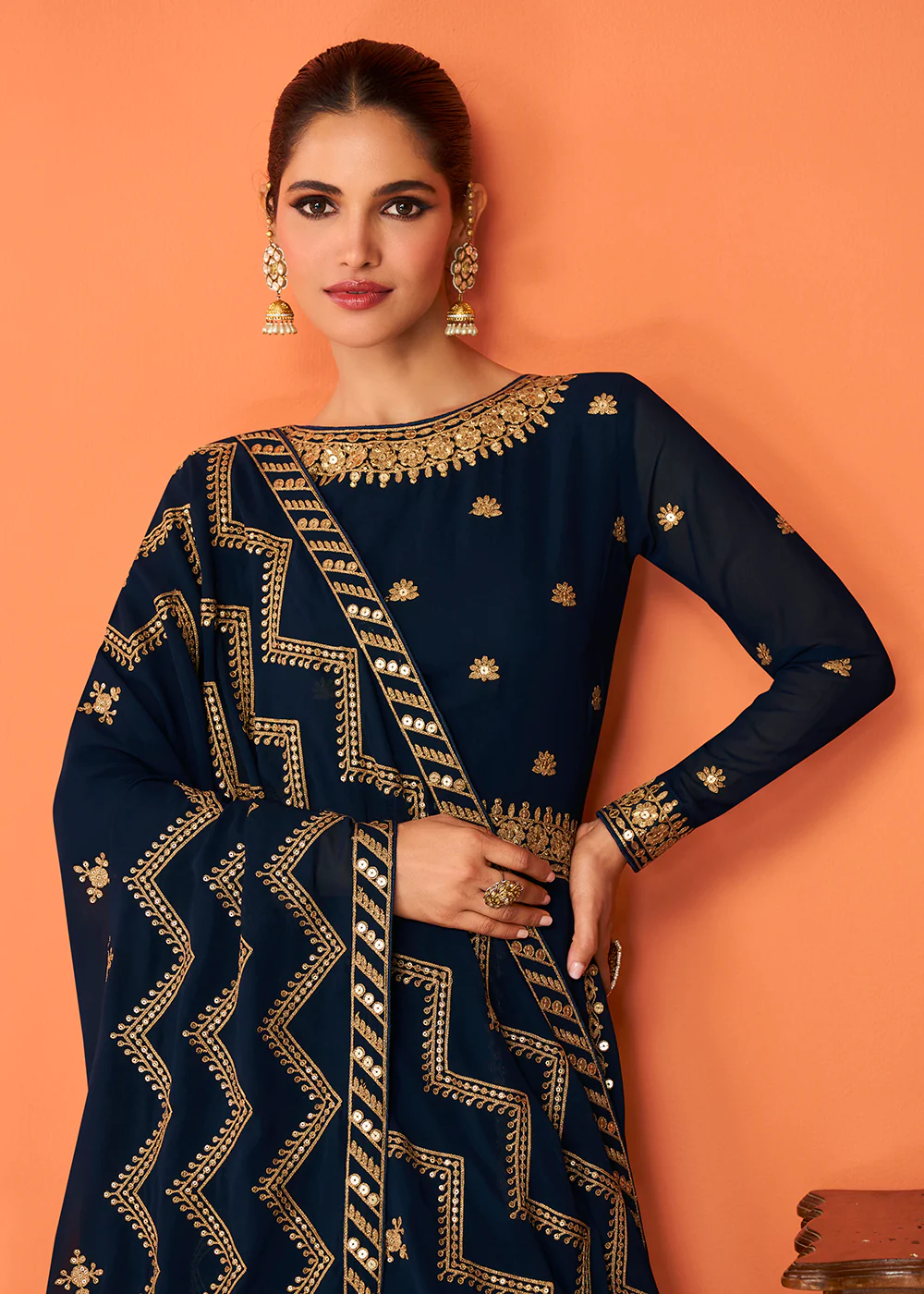 Navy Blue Festive Wear Embroidered Anarkali Suit - Image 2