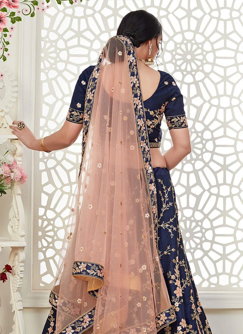 Navy Blue Floral Embroidered Art Silk Lehenga Choli - Image 3