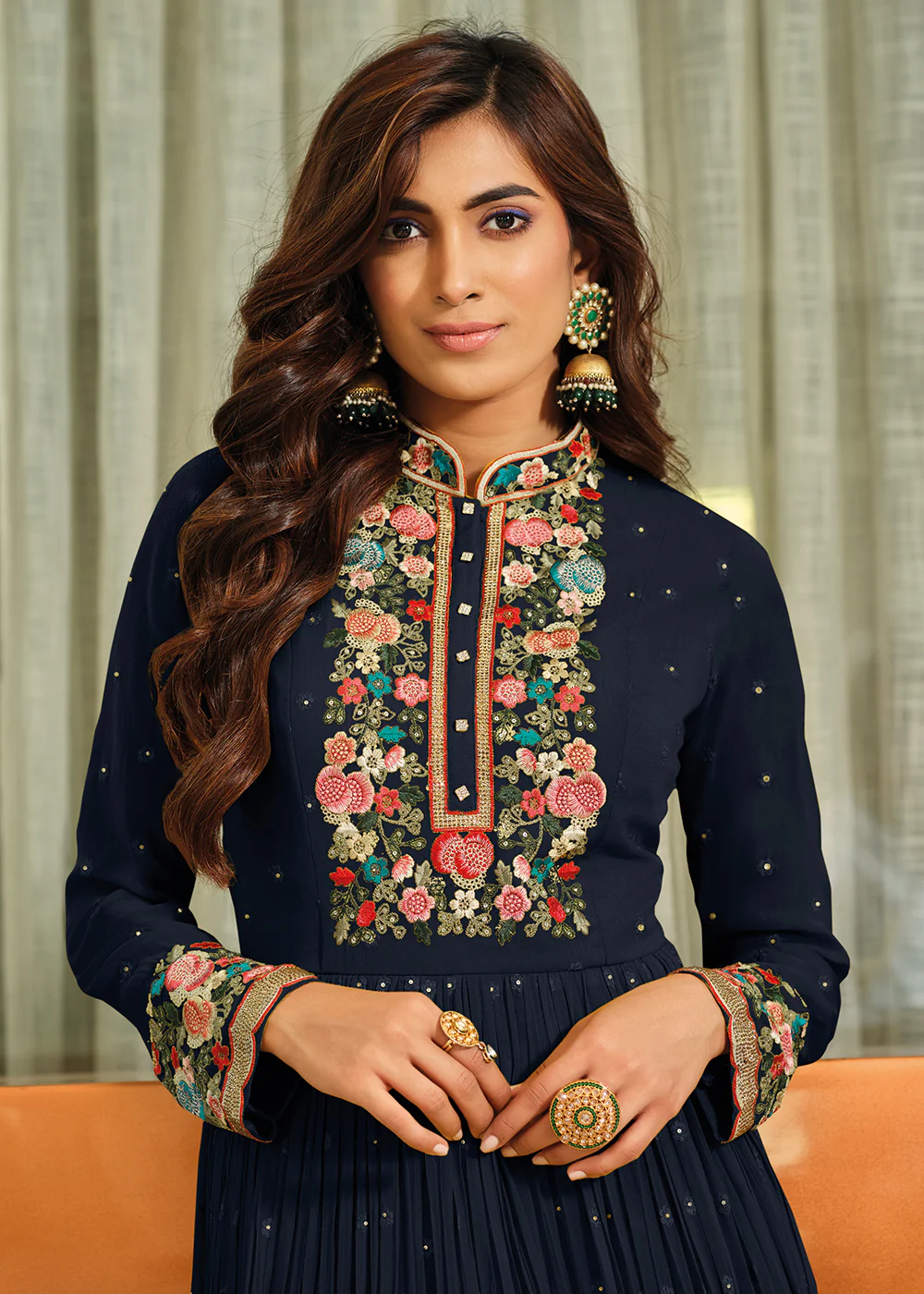 Navy Blue Flower Embroidered Georgette Anarkali Dress - Image 2
