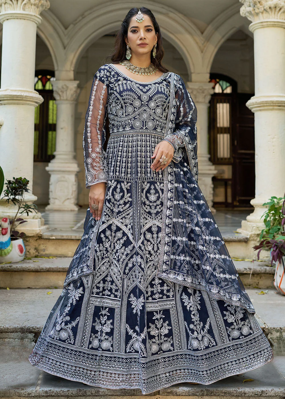 Navy Blue Front & Back Diamond Work Wedding Anarkali Suit