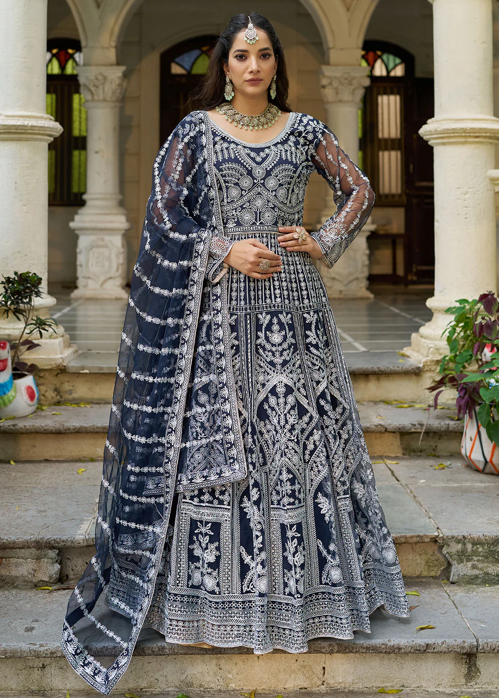 Navy Blue Front & Back Diamond Work Wedding Anarkali Suit - Image 4