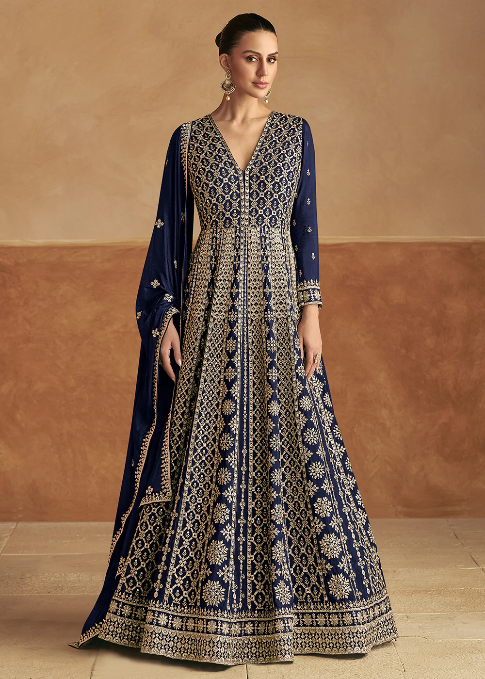 Navy Blue Front & Back Embroidery Wedding Anarkali Suit