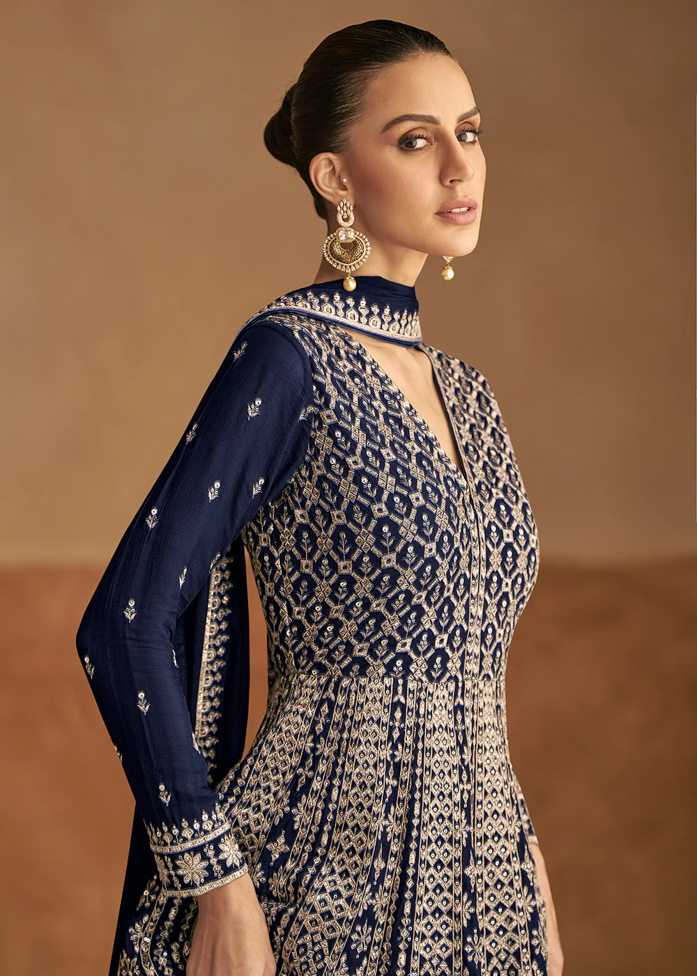 Navy Blue Front & Back Embroidery Wedding Anarkali Suit - Image 2
