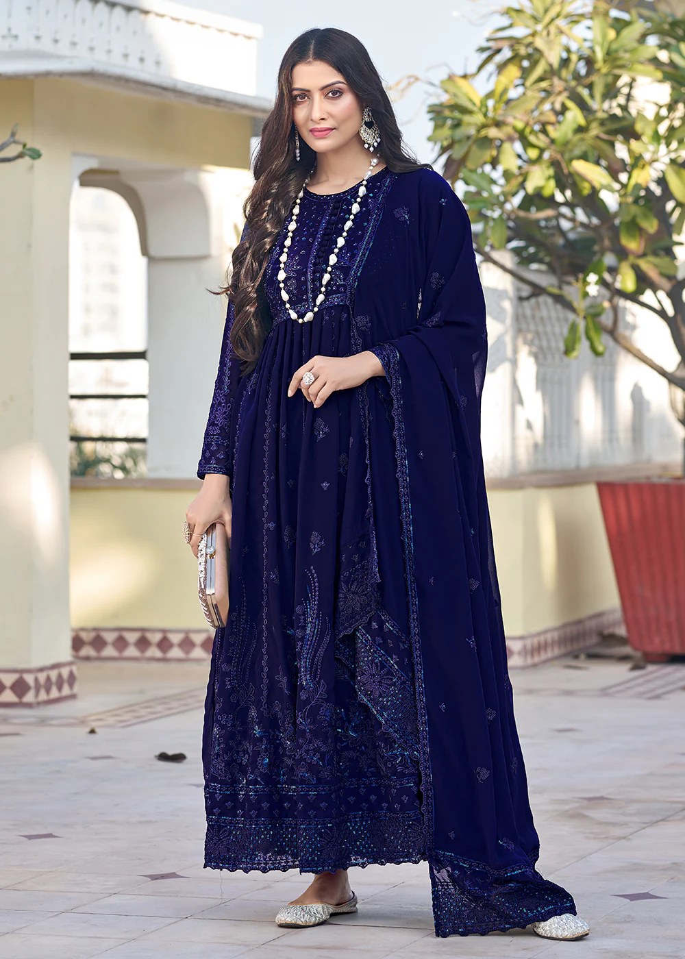 Navy Blue Georgette Embroidered Frock Style Salwar Suit