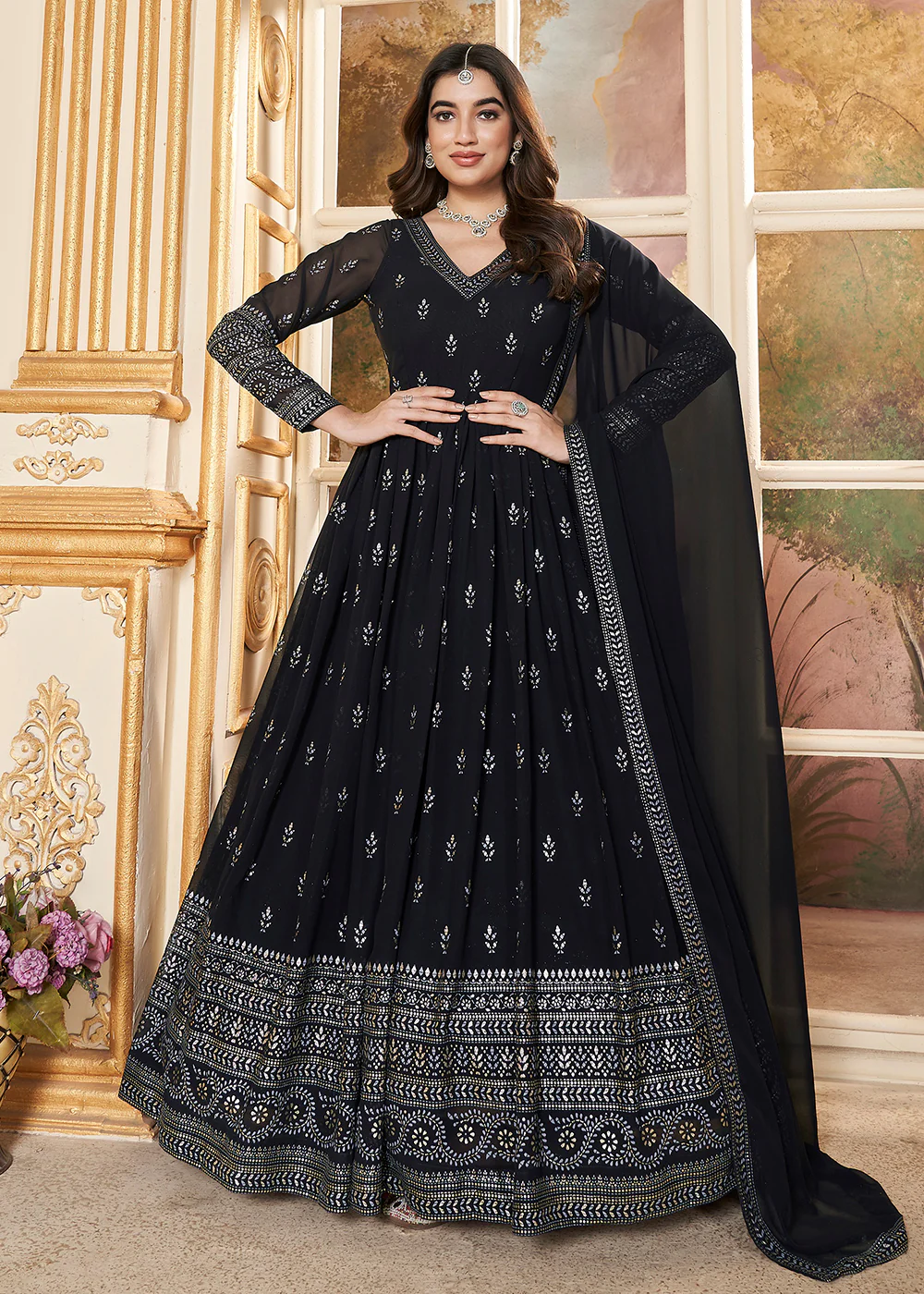 Navy Blue Metalic Foil Work Embroidered Wedding Festive Anarkali Gown