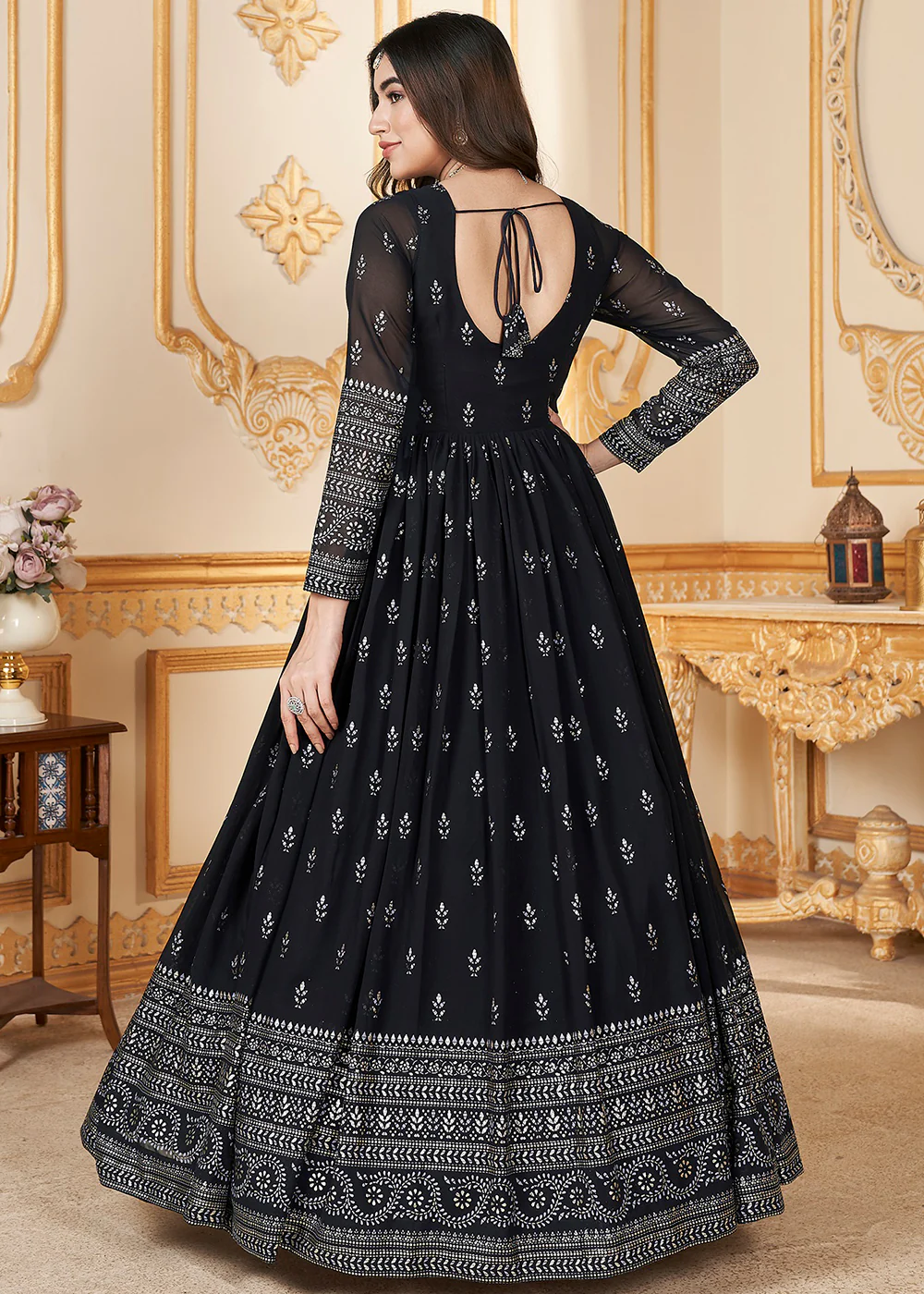 Navy Blue Metalic Foil Work Embroidered Wedding Festive Anarkali Gown - Image 3