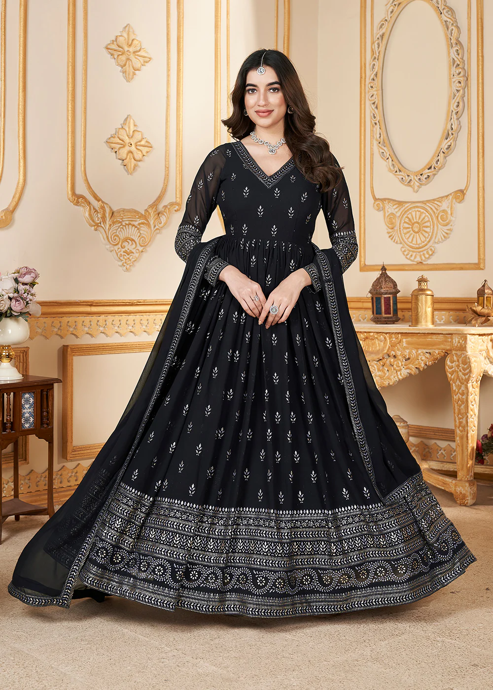 Navy Blue Metalic Foil Work Embroidered Wedding Festive Anarkali Gown - Image 4